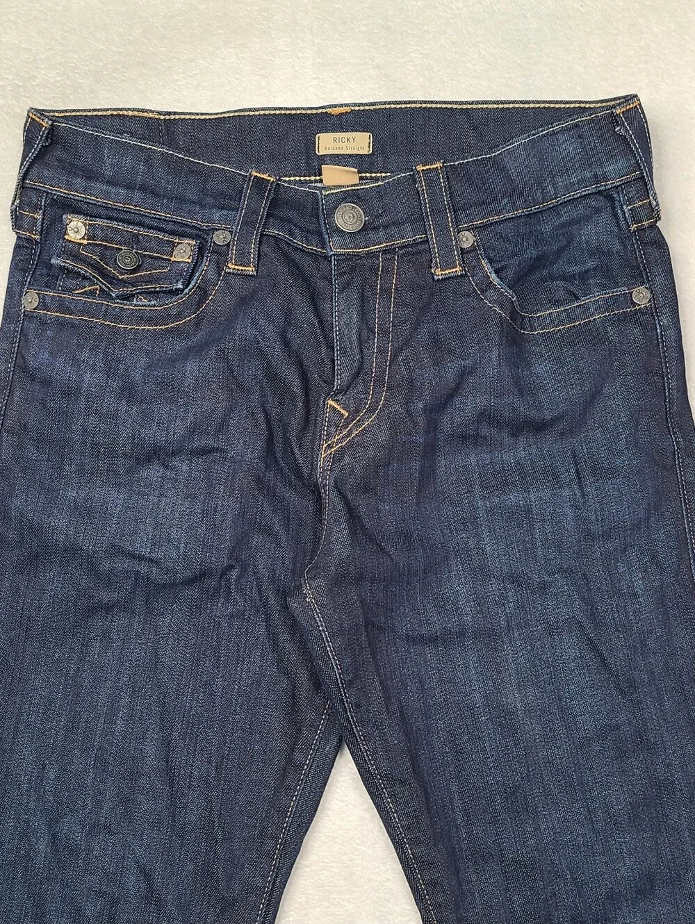True Religion Ricky Relaxed Straight Jeans Mens 31 Fits 32x34 Blue Flap Pockets